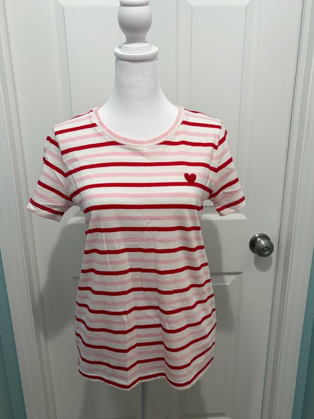 J.Crew Striped Heart T-Shirt NWT Women's Small Red White Pink Cotton Tee